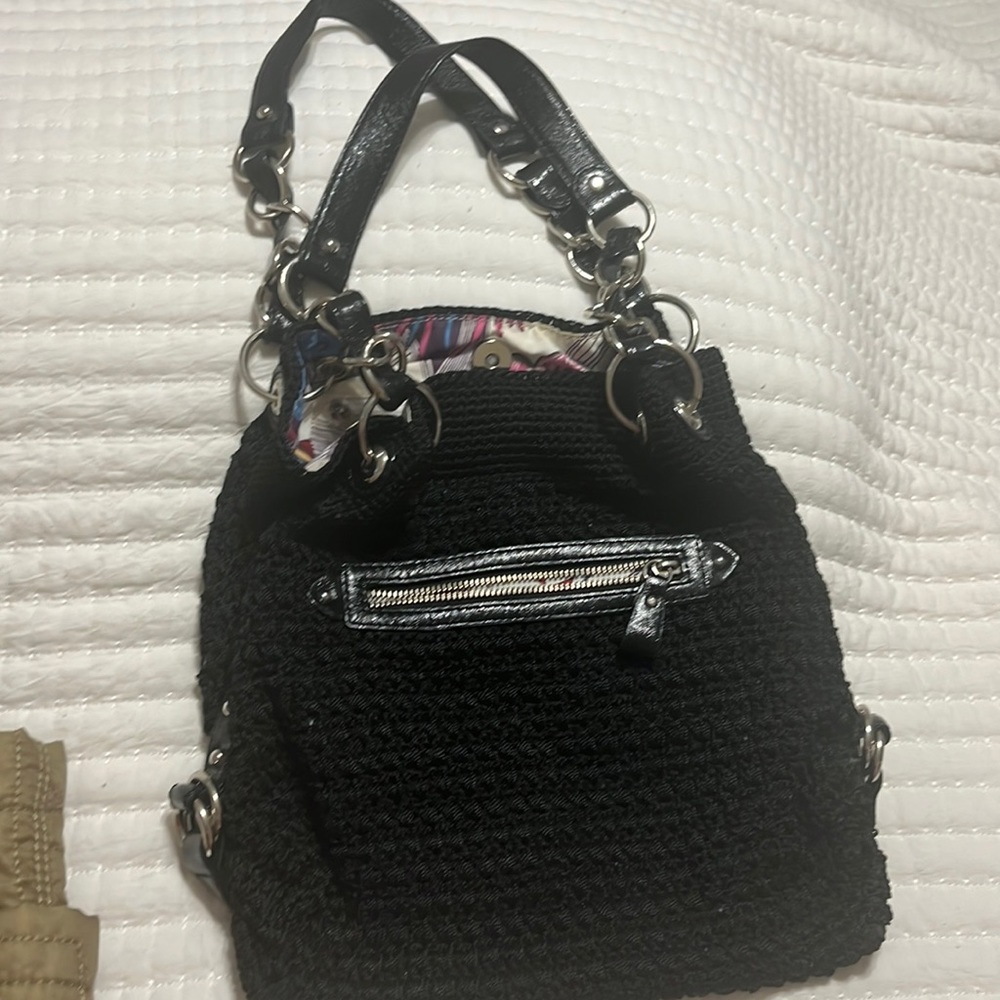 THE SAK Black Slouchy Woven Hobo Bag with Silver Chain Hardware Boho Purse